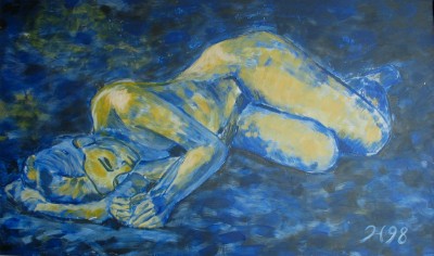 Acrylgemälde einer liegenden Frau in kräftigen in Gelb- und Blautönen 